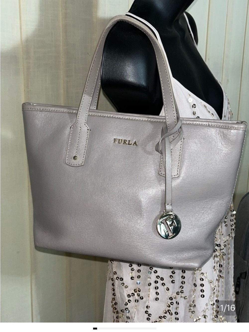 Furla Pearl Gray Italian Saffiano Leather Tote Purse Bag with Charm EUC